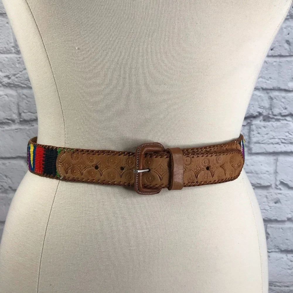 Vintage Leather Cotton Multi Color Belt Size XL Southwestern Style 2v1-84